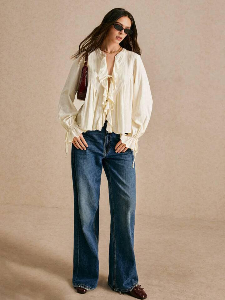 CM-TS877851 Women Trendy Bohemian Style Solid Color Ruffle Hem Drawstring Shirt - Beige