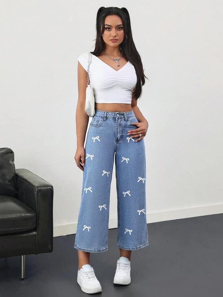 CM-BS052948 Women Casual Seoul Style Front Button Pocket Bow Tie All-Over Print Denim Pants