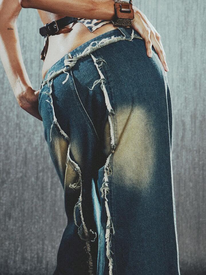 CM-BS090009 Women Casual Seoul Style Frayed Hem Flare Wide Leg Jeans - Blue
