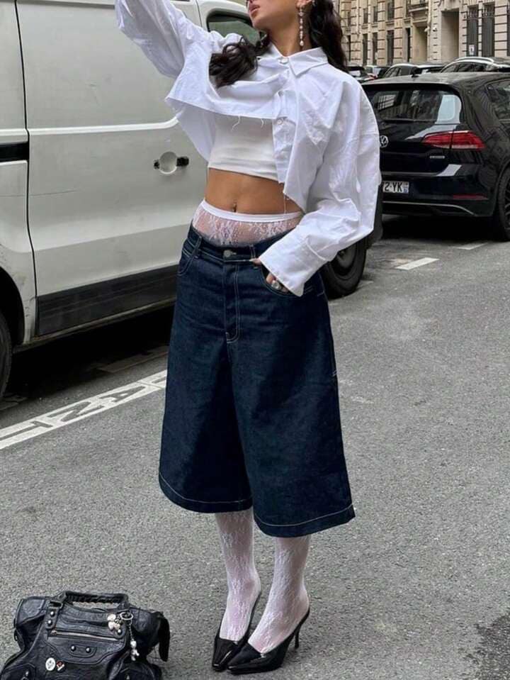 CM-BS243404 Women Casual Seoul Style Dark Wash Drop Waist Wide Leg Capri Jeans
