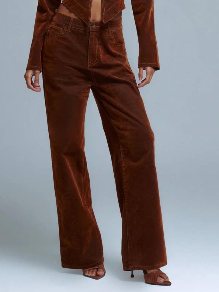CM-BS826719 Women Casual Seoul Style Low Rise Straight Leg Faux Suede Jeans - Bronze