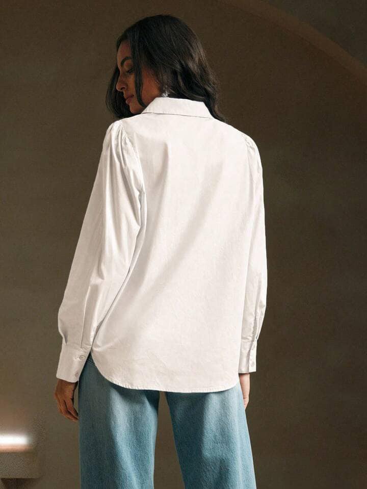 CM-TS132479 Women Elegant Seoul Style Long Sleeve Rhinestone Button Blouse - White