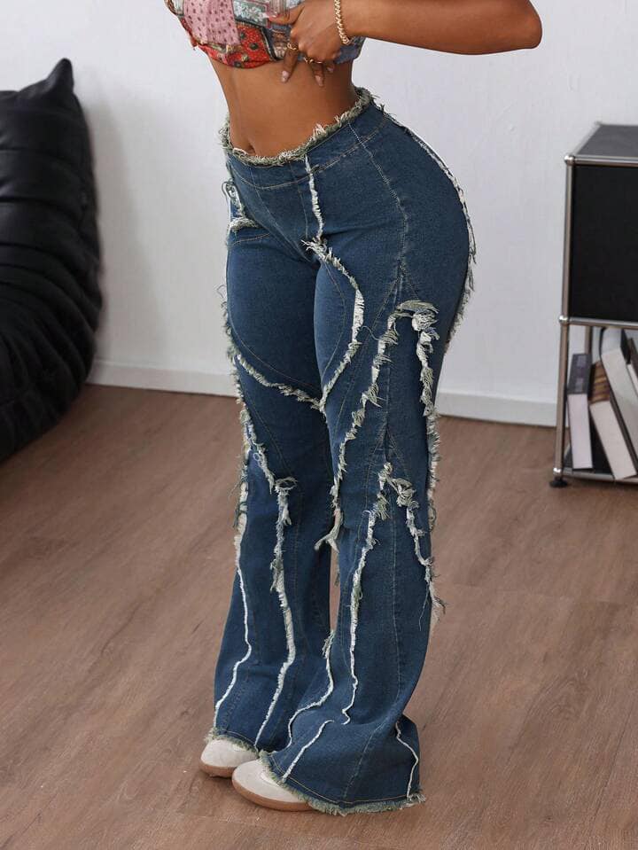 CM-BS066455 Women Casual Seoul Style Drop Waist Frayed Hem Flared Jeans - Blue