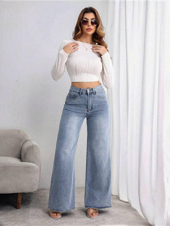 CM-BS556793 Women Casual Seoul Style Front Button Pocket High Waist Straight Leg Jeans - Blue