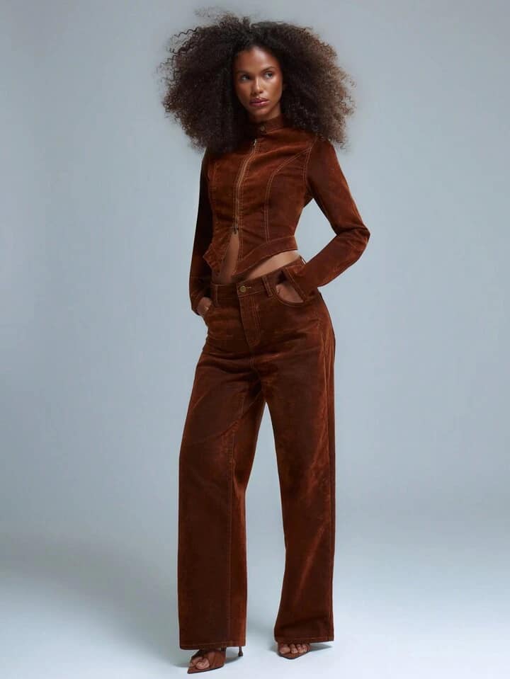 CM-BS826719 Women Casual Seoul Style Low Rise Straight Leg Faux Suede Jeans - Bronze
