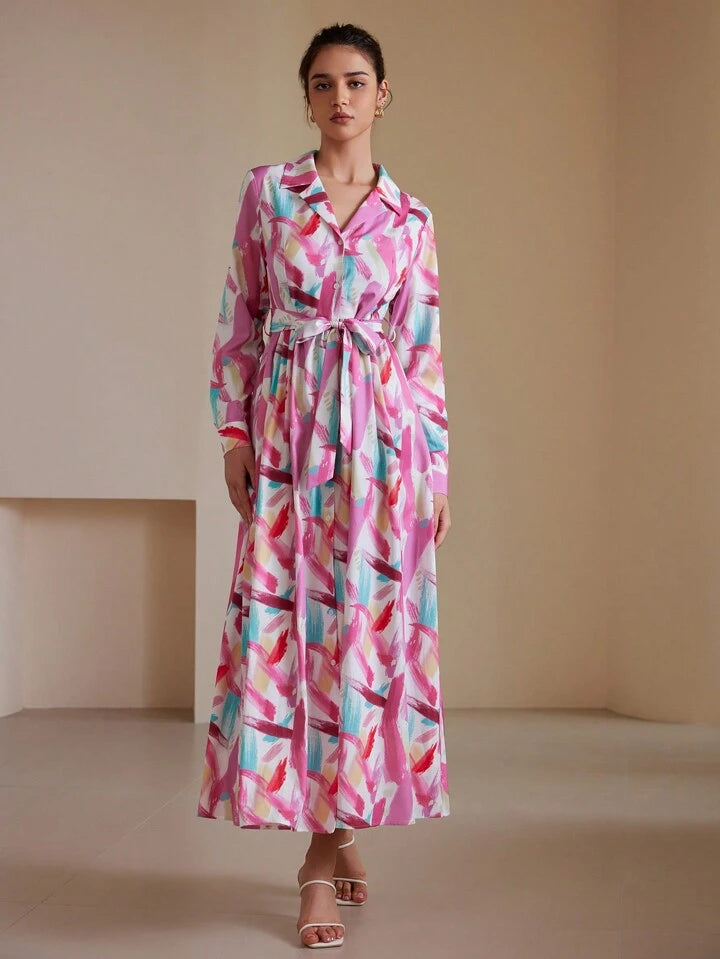 CM-DS442002 Women Casual Seoul Style Printed Turn-Down Collar Cinched Waist Waist Long Sleeve Dress