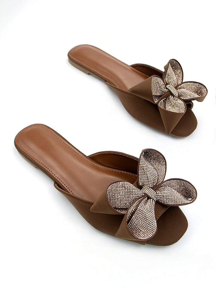 CM-SHS586508 Women Trendy Seoul Style 3D Rhinestone Floral Bow Decor Square Toe Mule Sandals - Brown