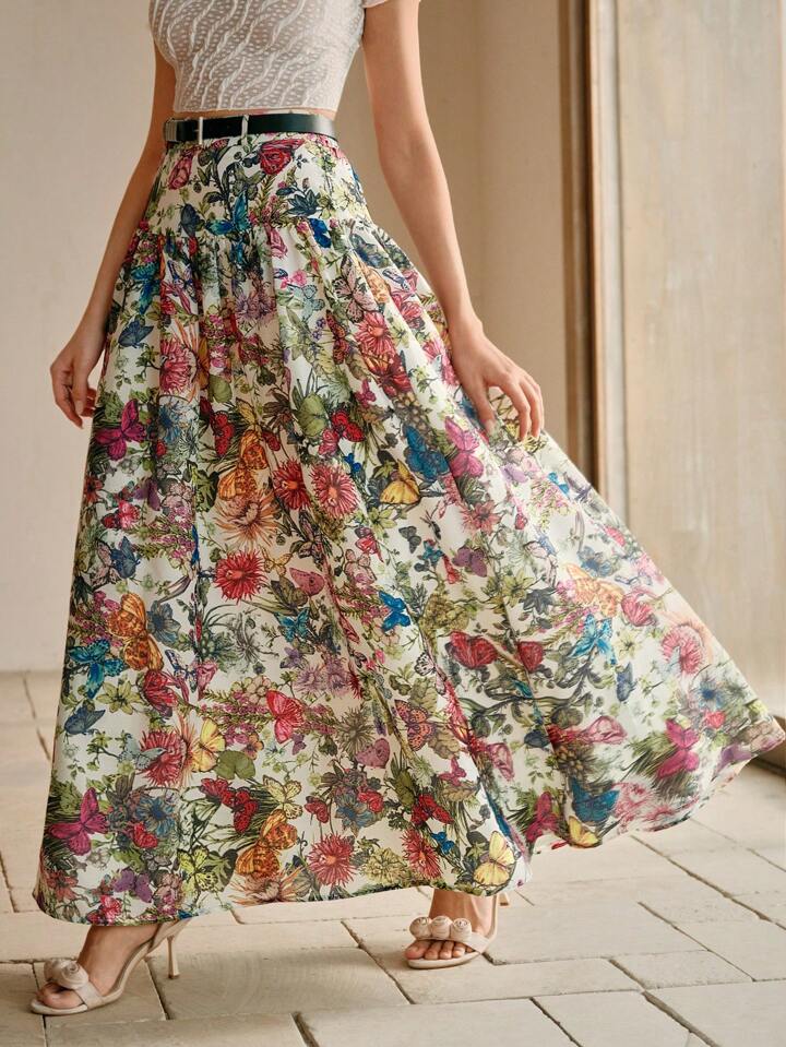 CM-BS435579 Women Elegant Seoul Style High Waist Butterfly Print Belted A-Line Hem Long Skirt