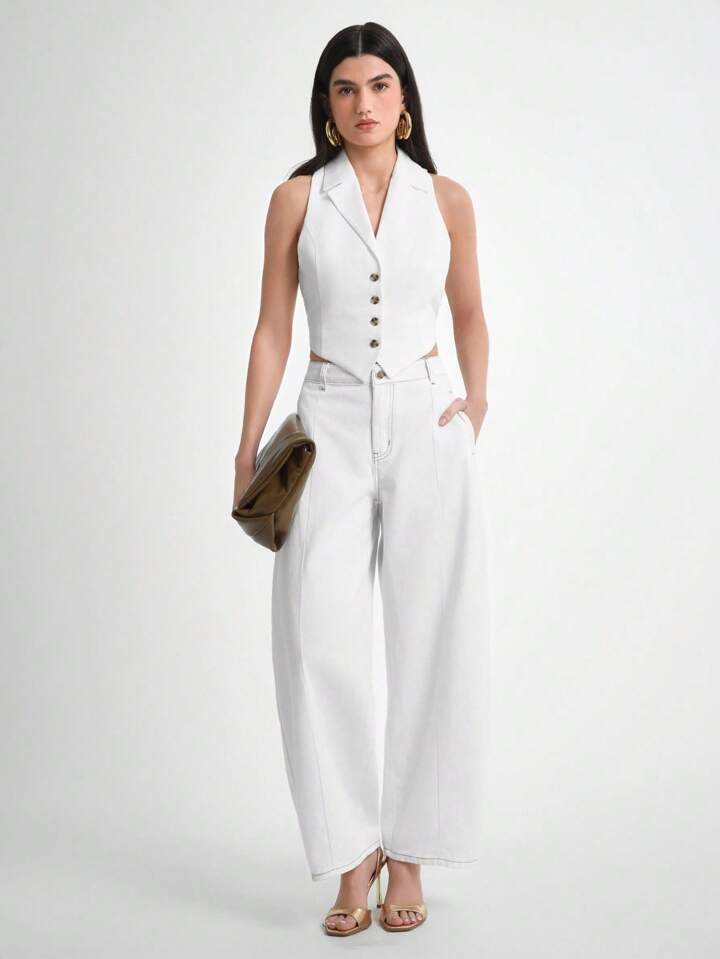 CM-BS811130 Women Casual Seoul Style High Waist Baggy Wide Leg Jeans - White