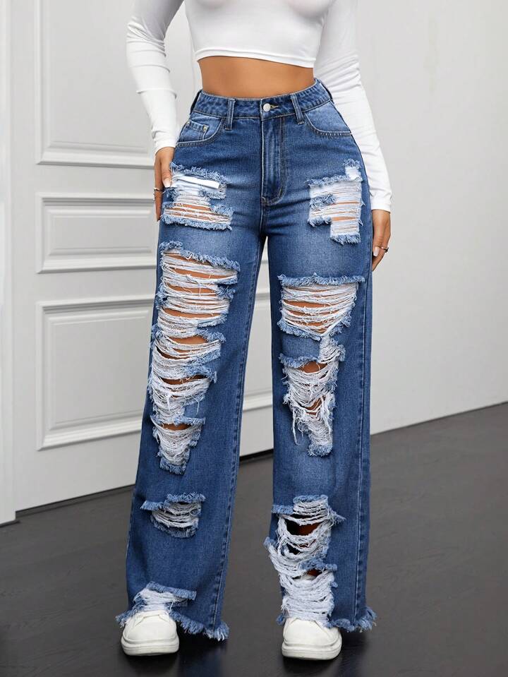 CM-BS168464 Women Casual Seoul Style Dark Wash Front Button Pocket Distressed Ripped Denim Long Jeans