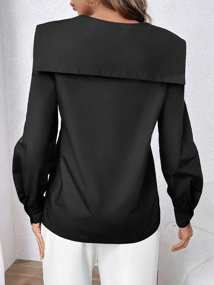 CM-TS580885 Women Elegant Seoul Style Irregular V-Neck Collar Long Sleeve Shirt - Black