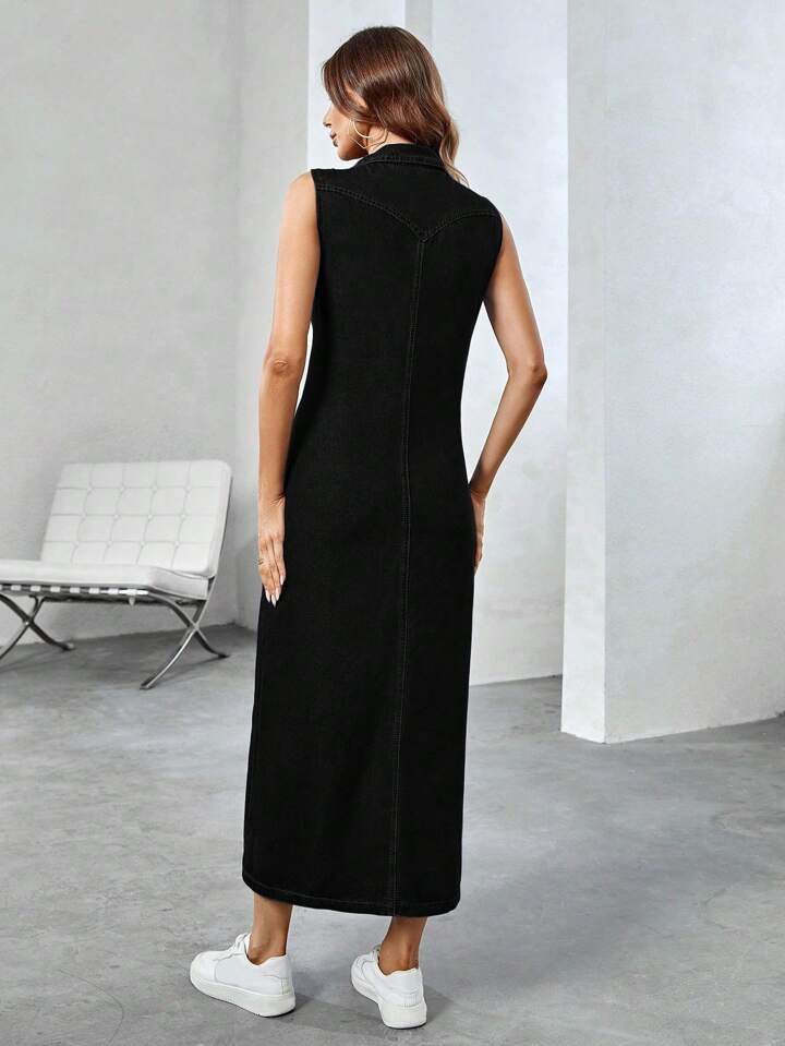 CM-DS626252 Women Casual Seoul Style Collar Neckline Sleeveless Denim Shirt Dress - Black