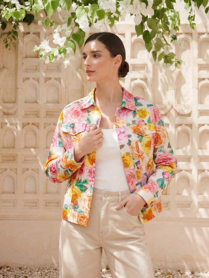 CM-CS615979 Women Casual Seoul Style Collar Neckline Long Sleeve Rose Floral Print Loose Denim Jacket