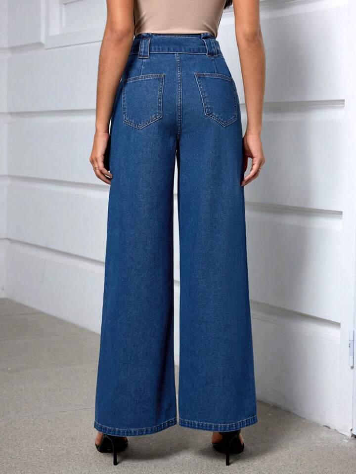 CM-BS232441 Women Casual Seoul Style Dark Wah High Waisted Loose Wide Leg Jeans