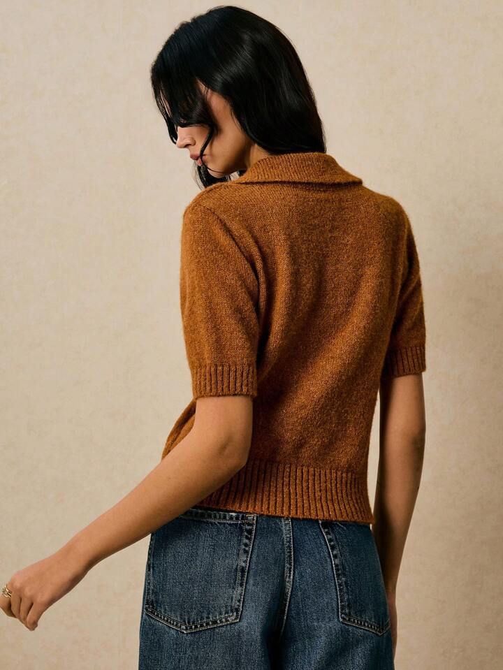 CM-TS884124 Women Casual Seoul Style Polo Neckline Short Sleeve Button Up Pullover Knit Top - Brown