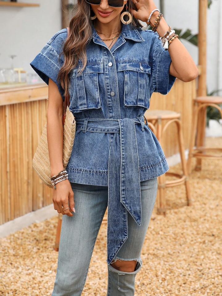 CM-CS427894 Women Casual Seoul Style Medium Wash Collar Neckline Short Sleeve Denim Jacket