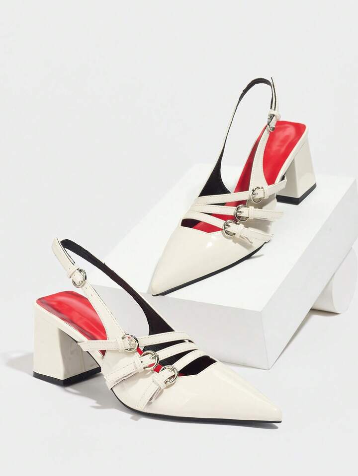 CM-SHS847892 Women Trendy Seoul Style Pointed Toe Slip-On PU Leather Buckle Strap Shoes - Beige