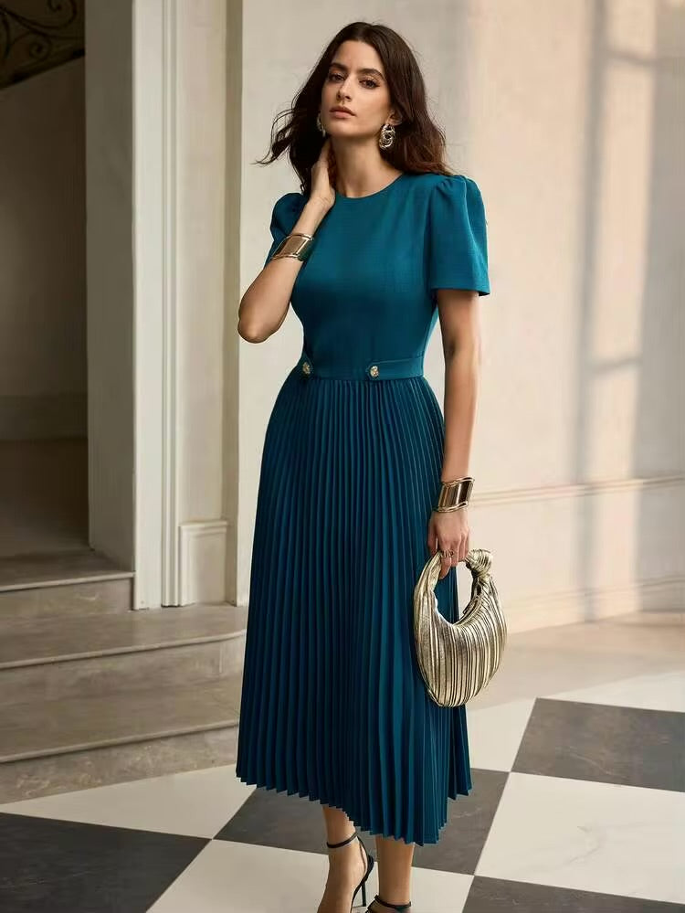 CM-DS660745 Women Elegant Seoul Style Round Neck Puff Sleeve Pleated Hem A-Line Mid-Length Dress - Teal Blue