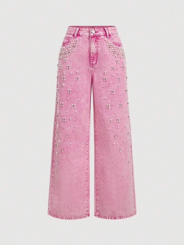 CM-BS416742 Women Casual Seoul Style Pearl Decor Pocket Wide Leg Loose Fit Jeans - Pink