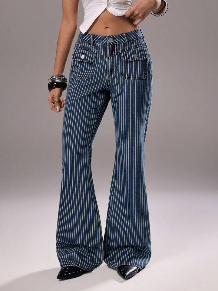CM-BS658582 Women Casual Seoul Style Medium Wash Striped Patch Pocket Low Waist Flare Jeans