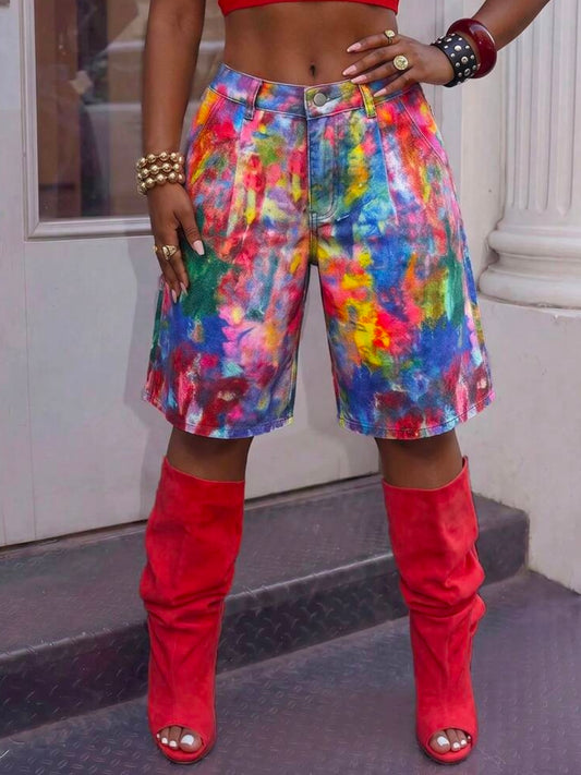 CM-BS912362 Women Casual Seoul Style Low Waist Printed Pocket Loose Bermuda Denim Shorts