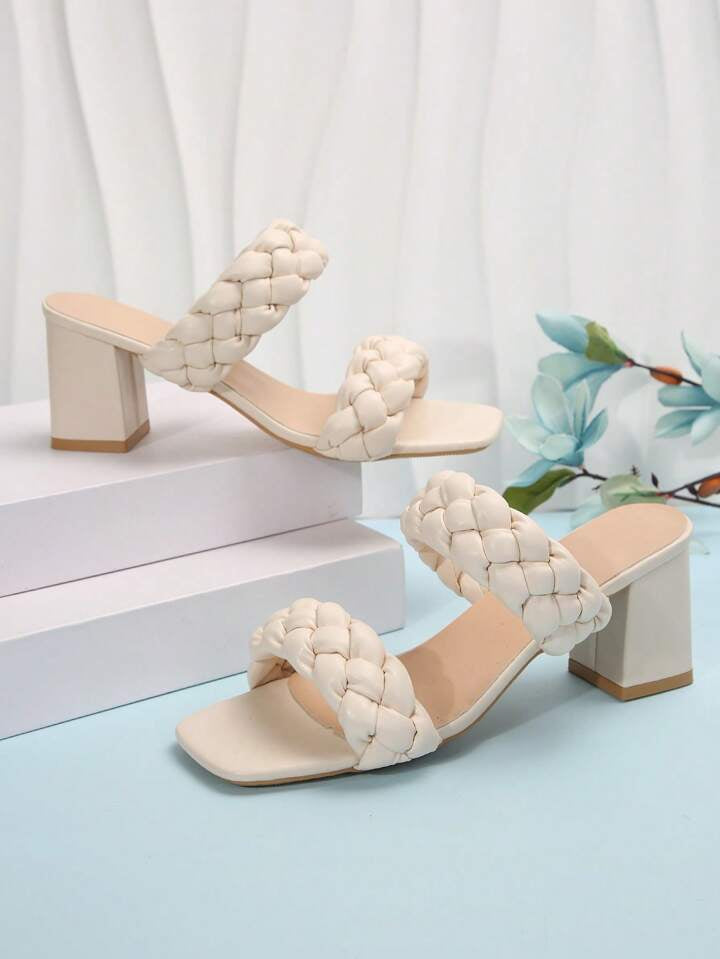 CM-SHS011618 Women Trendy Seoul Style Braided Detail Chunky Heeled Sandals - Beige