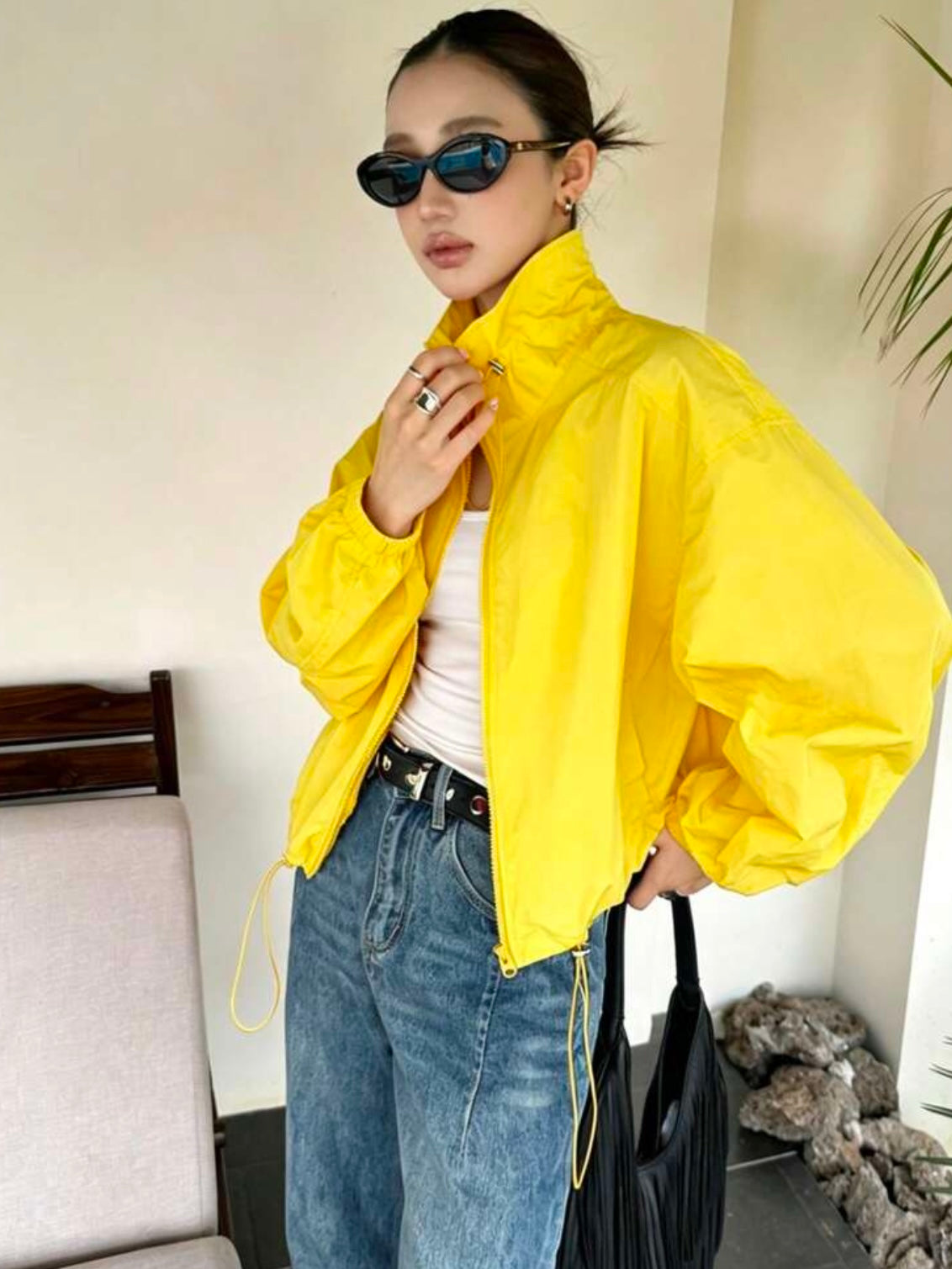 CM-CS765244 Women Casual Seoul Style Drawstring Collar Loose Fit Short Lightweight Jacket - Yellow