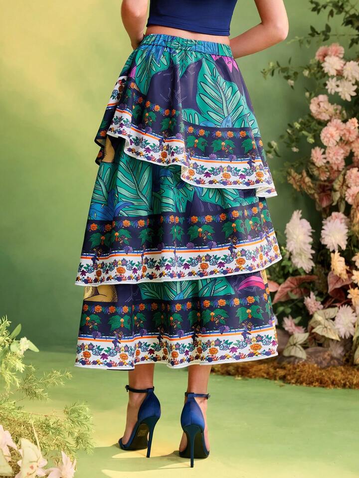 CM-BS132559 Women Elegant Seoul Style Tropical Printed High-Waist Ruffled Layered Midi Skirt