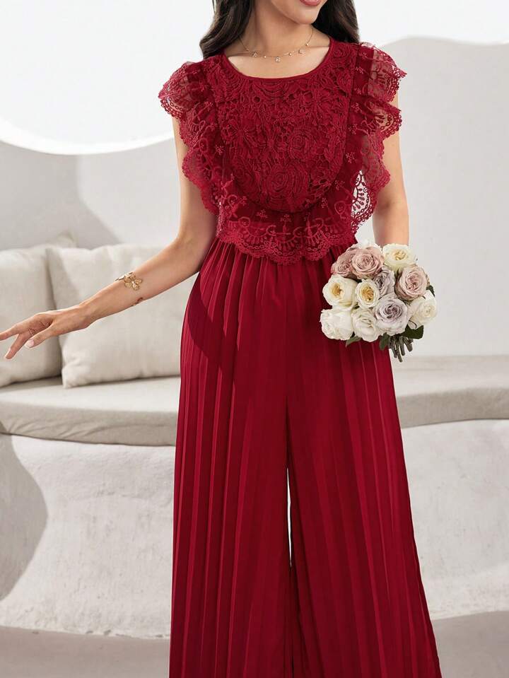 CM-JS550455 Women Elegant Seoul Style Solid Color Embroidered Lace Trim Pleated Wide Leg Jumpsuit