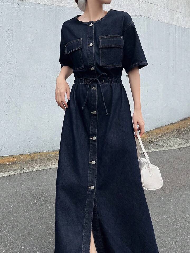 CM-DS667863 Women Casual Seoul Style Dark Wash Round Neck Short Sleeve Cinched Waist Pockets Decor Seam Denim Dress