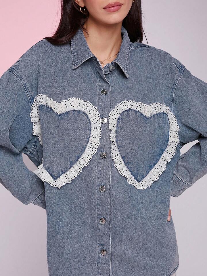 CM-CS487800 Women Casual Seoul Style Medium Wash Collar Neckline Long Sleeve Eyelet Trim Heart Pocket Denim Shirt Jacket