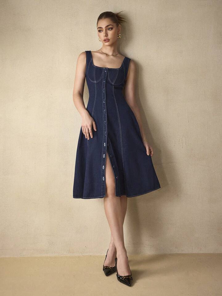 CM-DS519878 Women Elegant Seoul Style Solid Color Square Neck Sleeveless Knee Length Denim Dress - Blue