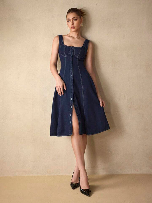CM-DS519878 Women Elegant Seoul Style Solid Color Square Neck Sleeveless Knee Length Denim Dress - Blue