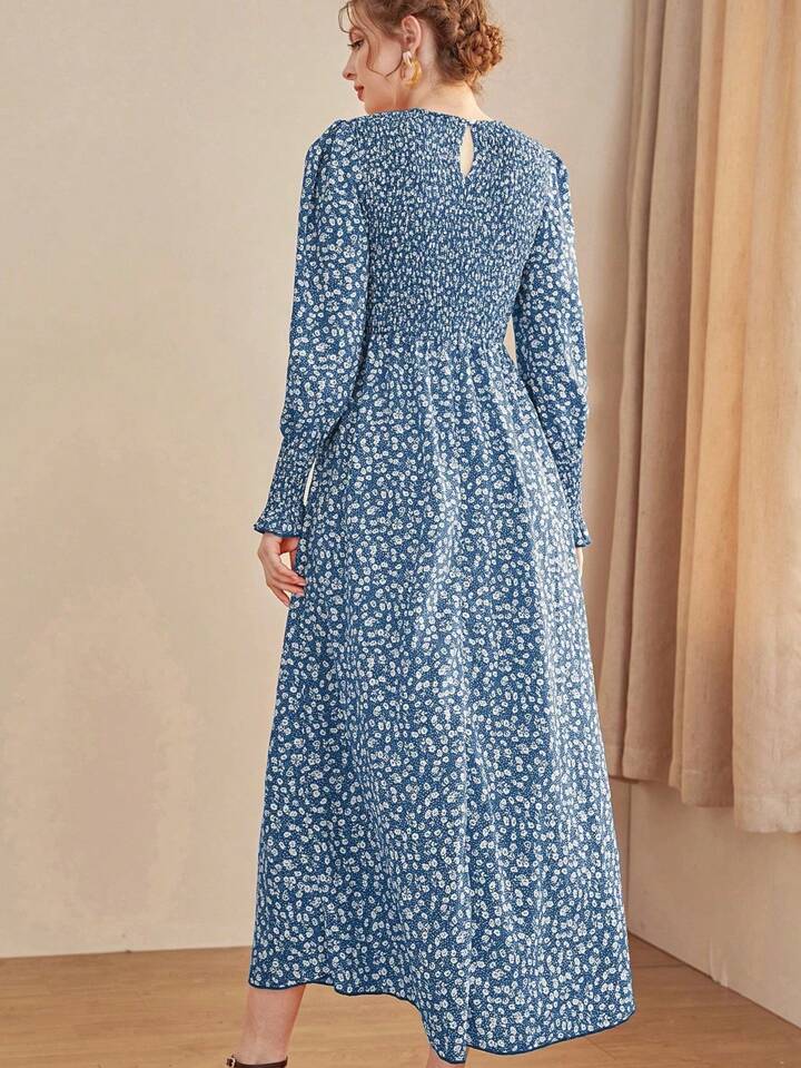 CM-DS548974 Women Casual Seoul Style Floral Wrap Around Round Neck Long Sleeve Dress