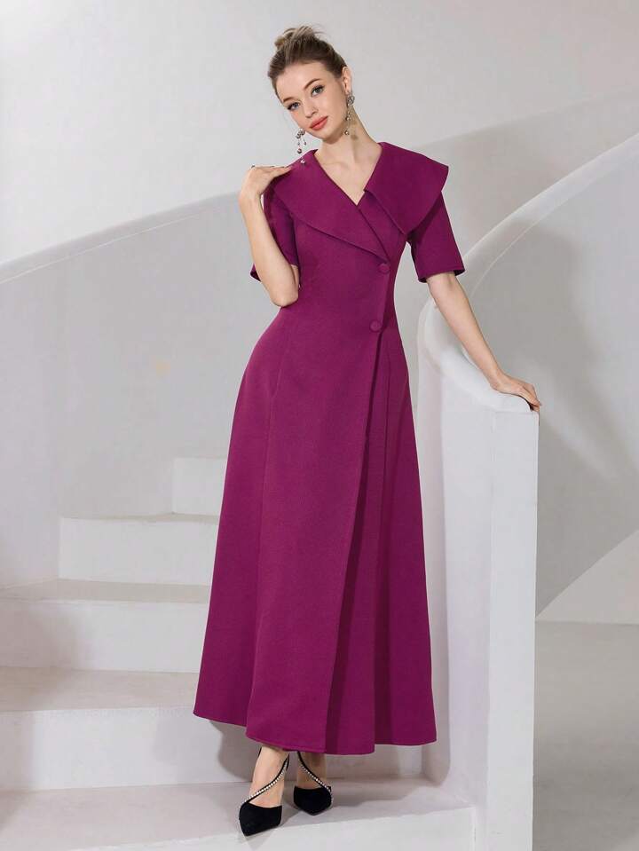 CM-DS772423 Women Elegant Seoul Style Solid Color V-Neck Short Sleeve Front Button Long Dress