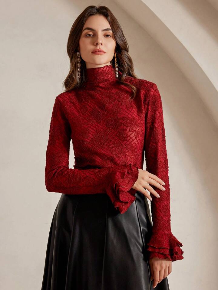 CM-TS428123 Women Elegant Seoul Style Stand Collar Long Sleeve Ruffle Cuff Fitted Crochet Blouse - Red
