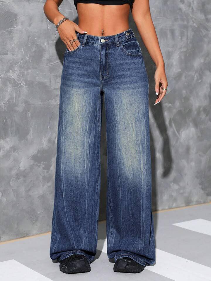 CM-BS324794 Women Casual Seoul Style Wide Leg Loose Pockets Denim Pants - Blue