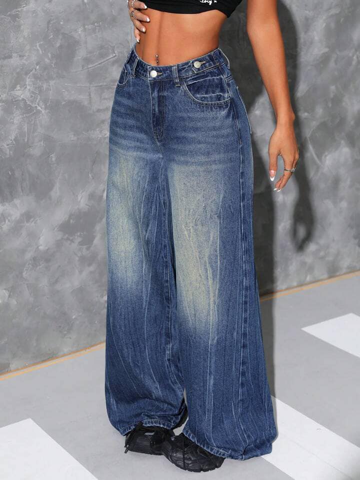 CM-BS324794 Women Casual Seoul Style Wide Leg Loose Pockets Denim Pants - Blue