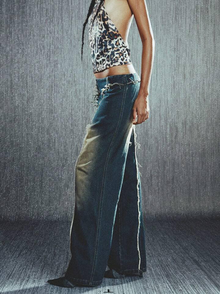 CM-BS090009 Women Casual Seoul Style Frayed Hem Flare Wide Leg Jeans - Blue