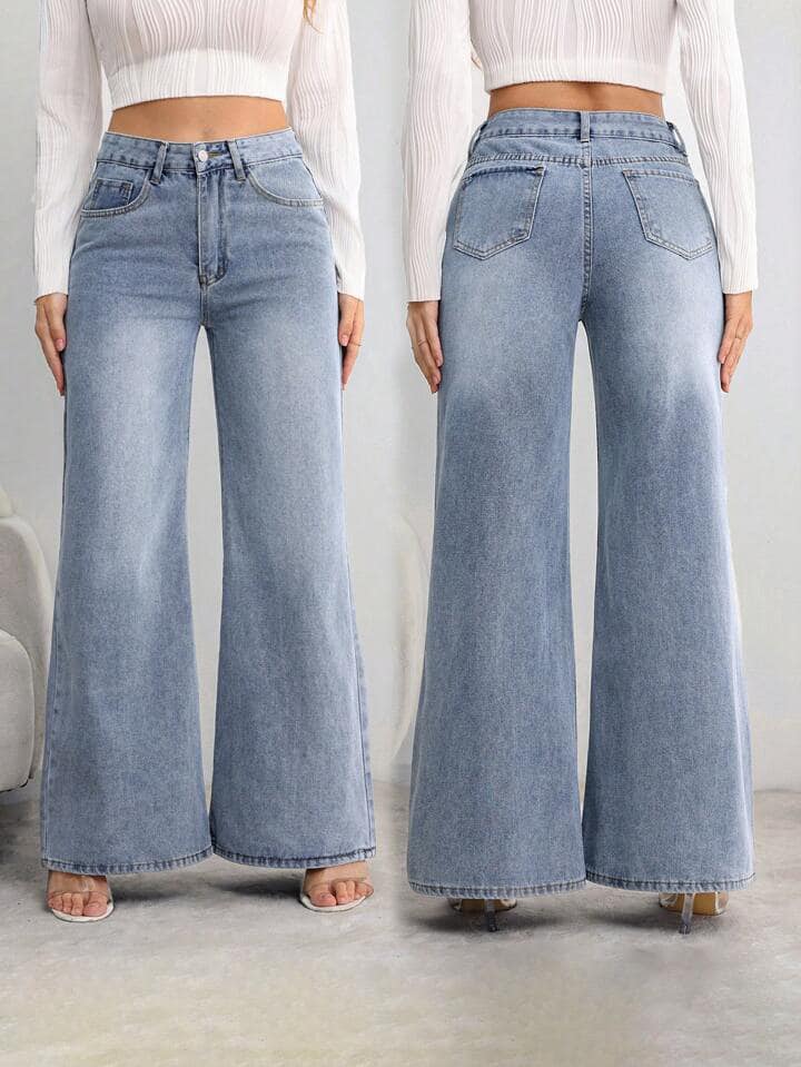 CM-BS556793 Women Casual Seoul Style Front Button Pocket High Waist Straight Leg Jeans - Blue