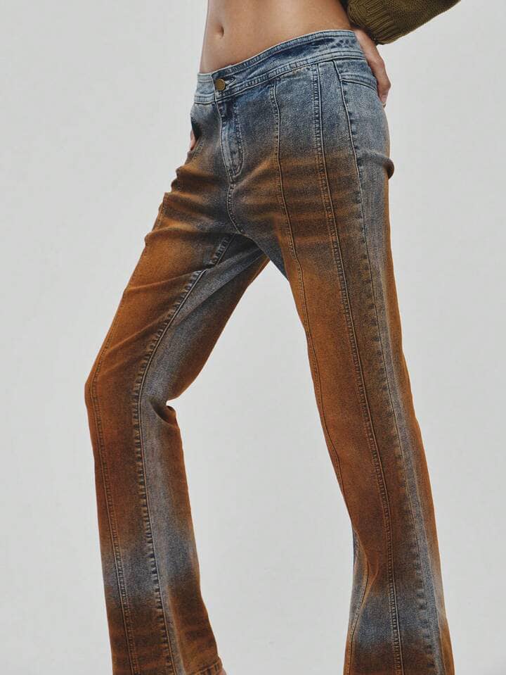 CM-BS152133 Women Casual Seoul Style Feather Decor Contrast Color Washed Denim Jeans