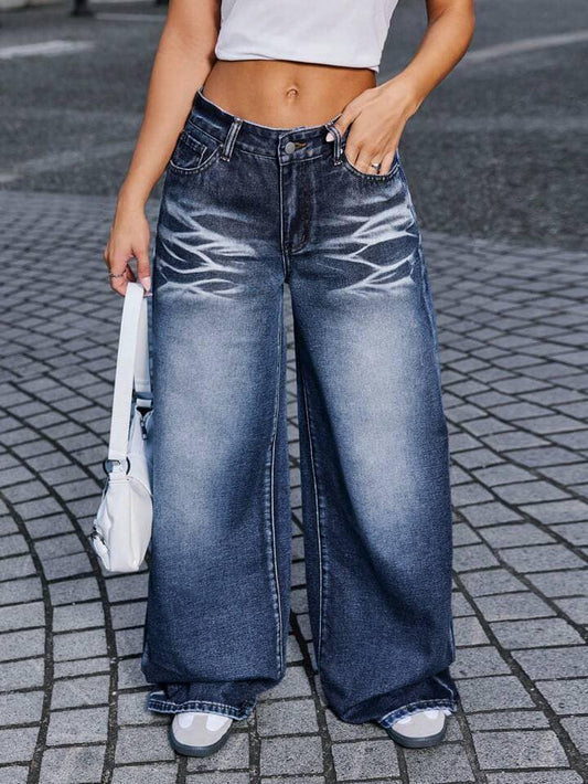 CM-BS697318 Women Casual Seoul Style Front Button Pocket Wide Leg Jeans - Dark Gray