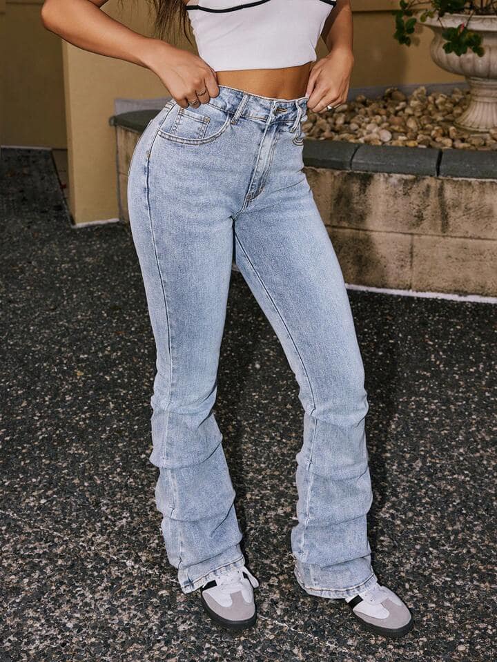 CM-BS224972 Women Casual Seoul Style Pocketed Pleated Extra Long Flared Leg Jeans - Gray