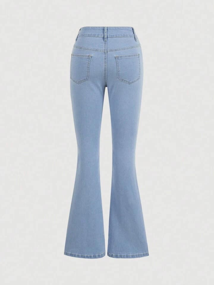 CM-BS111528 Women Casual Seoul Style Light Wash 3D Floral Decor Flared Jeans