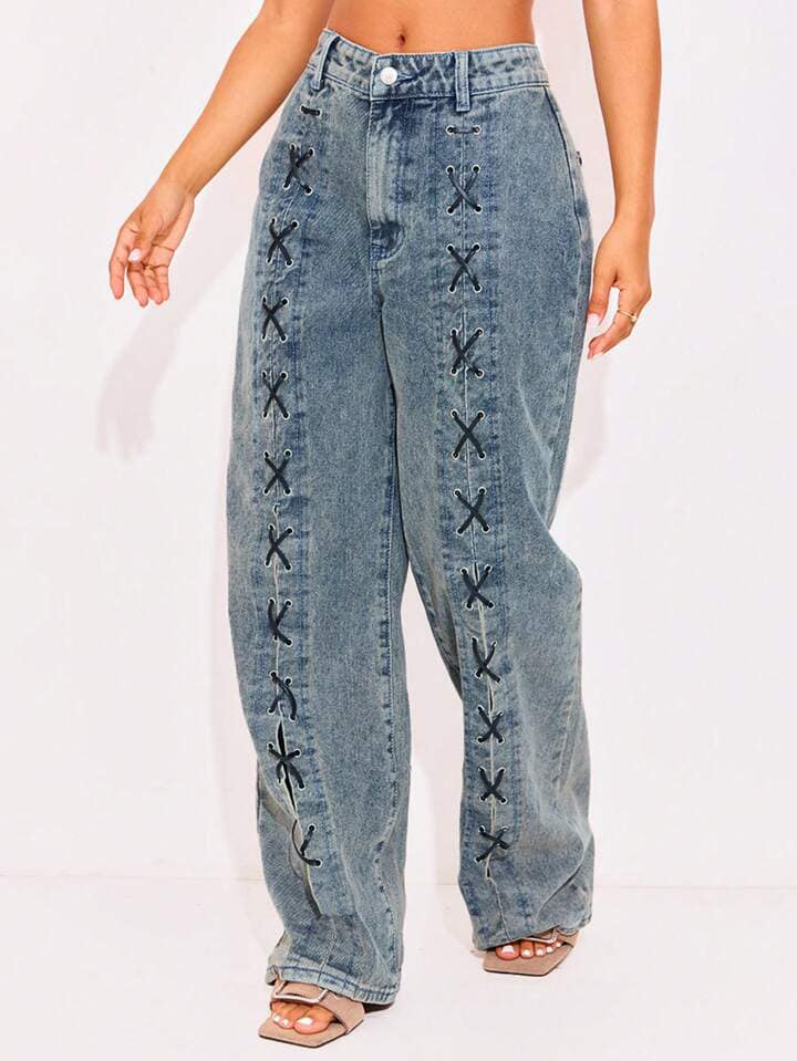 CM-BS549708 Women Casual Seoul Style Criss-Cross Stitched High Waist Straight-Leg Jeans