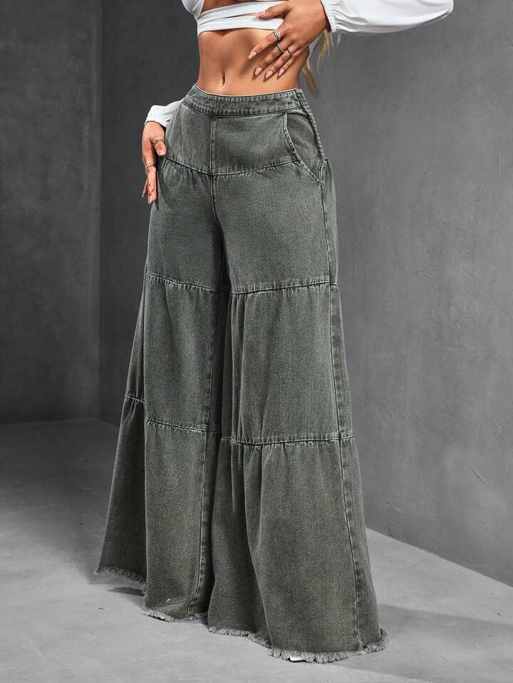 CM-BS924022 Women Casual Seoul Style Loose Distressed Hem Patchwork Denim Jeans