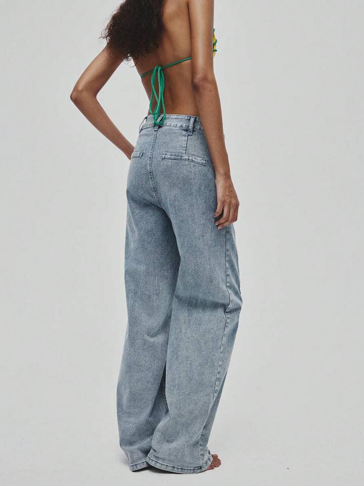 CM-BS549708 Women Casual Seoul Style Criss-Cross Stitched High Waist Straight-Leg Jeans