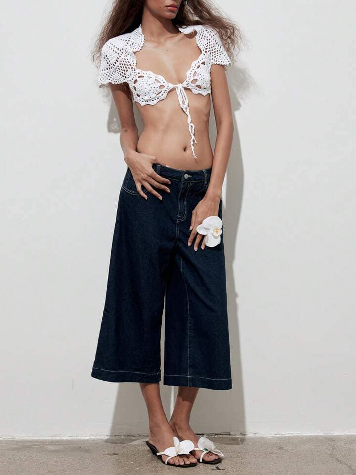 CM-BS243404 Women Casual Seoul Style Dark Wash Drop Waist Wide Leg Capri Jeans