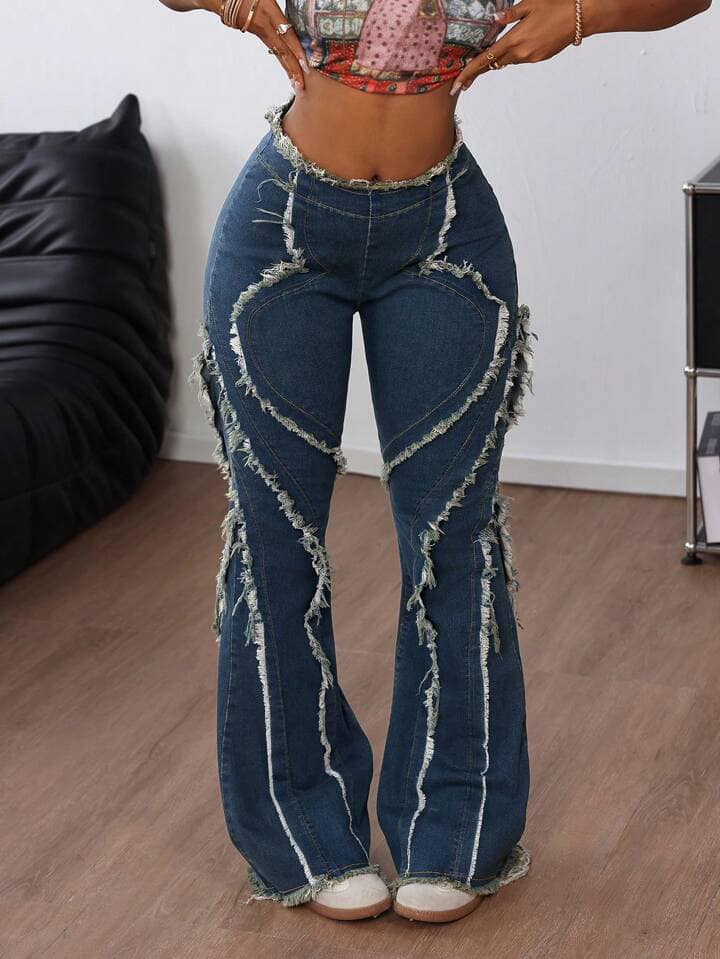 CM-BS066455 Women Casual Seoul Style Drop Waist Frayed Hem Flared Jeans - Blue