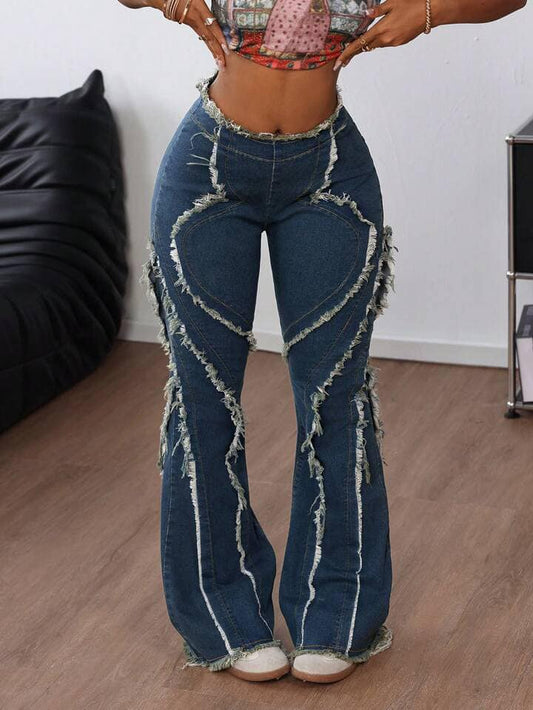 CM-BS066455 Women Casual Seoul Style Drop Waist Frayed Hem Flared Jeans - Blue